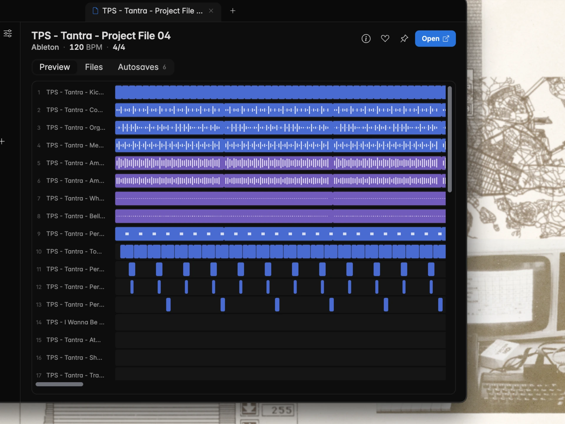 Tuva showing sortable audio and MIDI files by BPM and modified date
